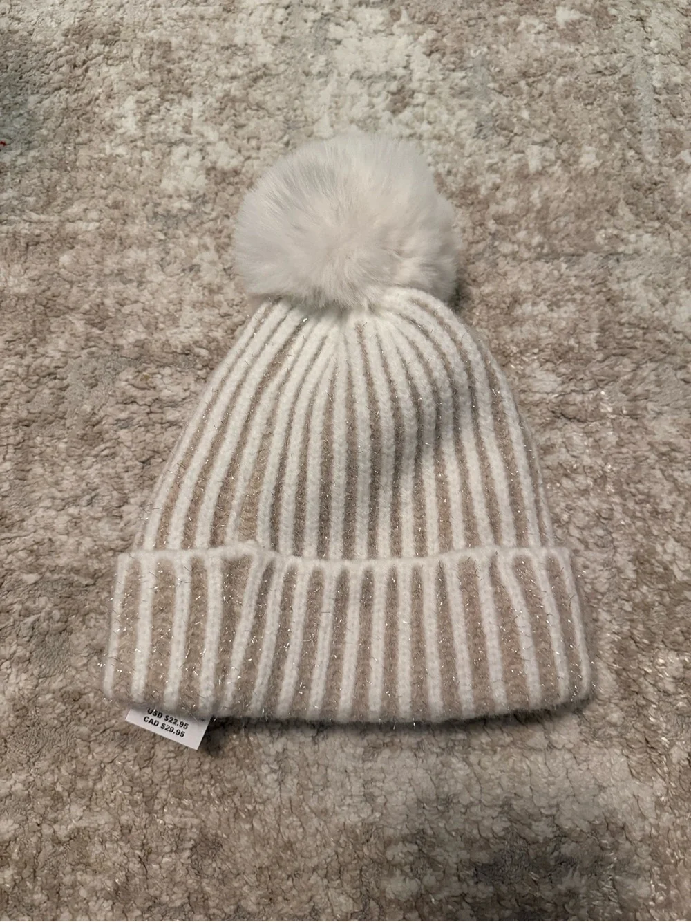 The Children's Place Beige & White Striped Pom Pom Beanie with Butterfly Patch